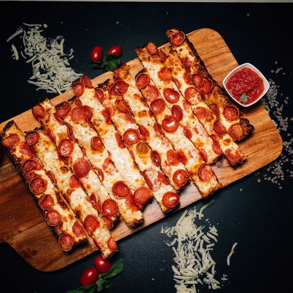 Fresh Bite Pizza's pepperoni pizza strips with dipping sauce, cheese, and tomatoes on a wooden board.